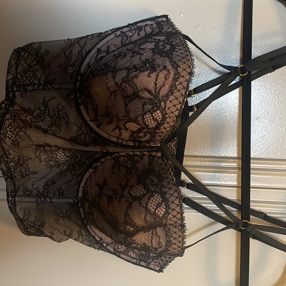 Victoria's Secret Very Sexy Balconette Bustier Bra Black Beige Lace 38DD